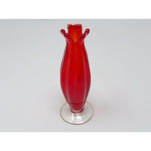 Vintage Hand Made Small Red Glass Swung Vase with Clear Glass Foot 6" H